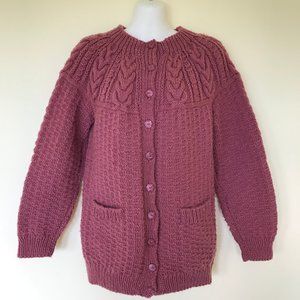 Hand Knit Fisherman Chunky Cable Textured Pink Acrylic Cardigan Sweater